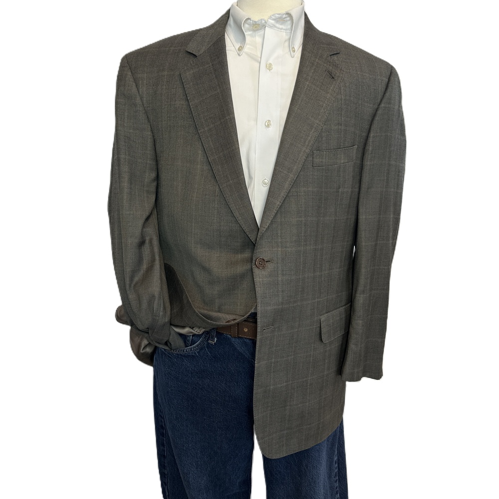 Jos A Bank Tan Gray Blazer‎ 43R 2 Button Plaid Sport Coat Suit Jacket